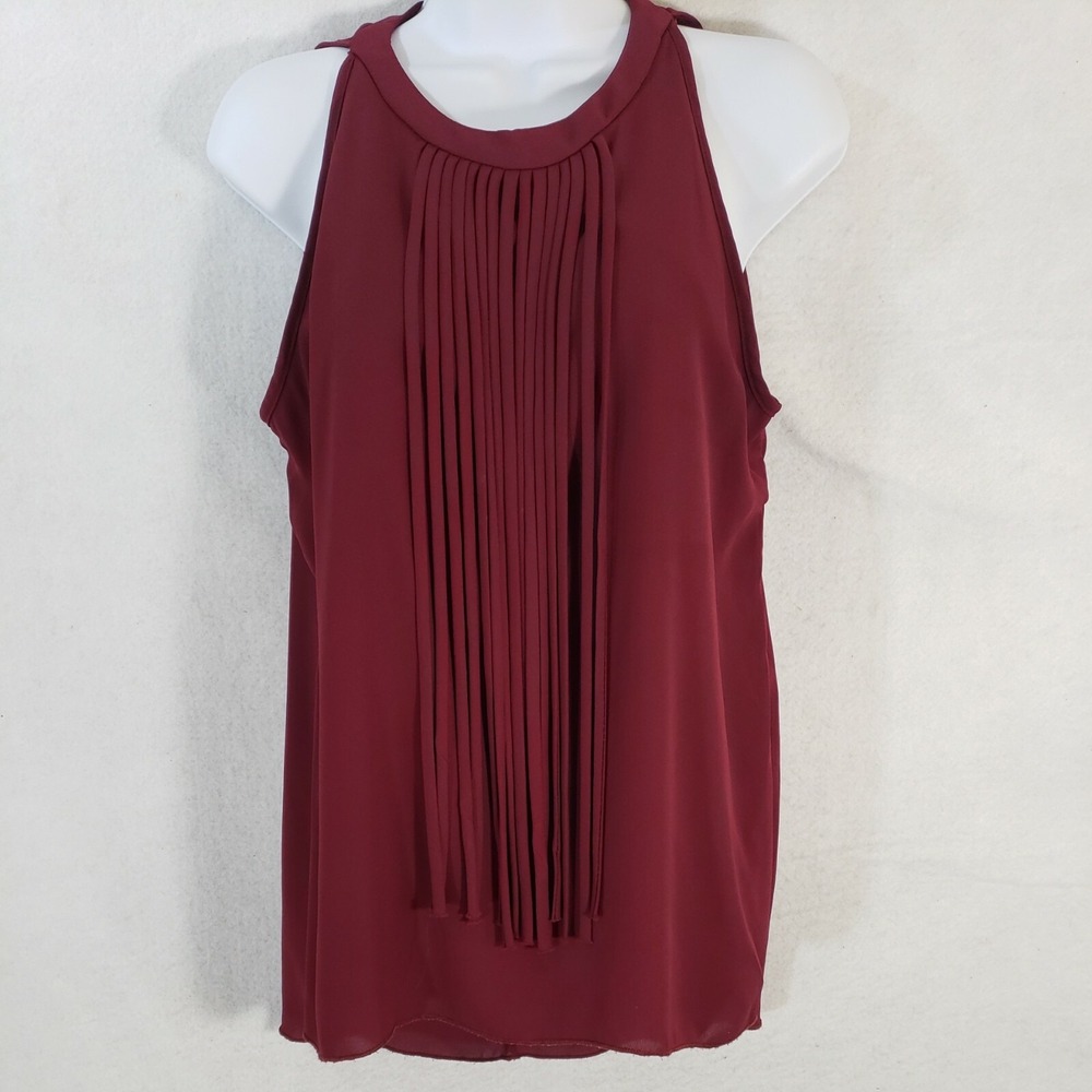 rue21 Women M Blouse Cranberry Red Fringe Sleeveless Keyhole Neck Top